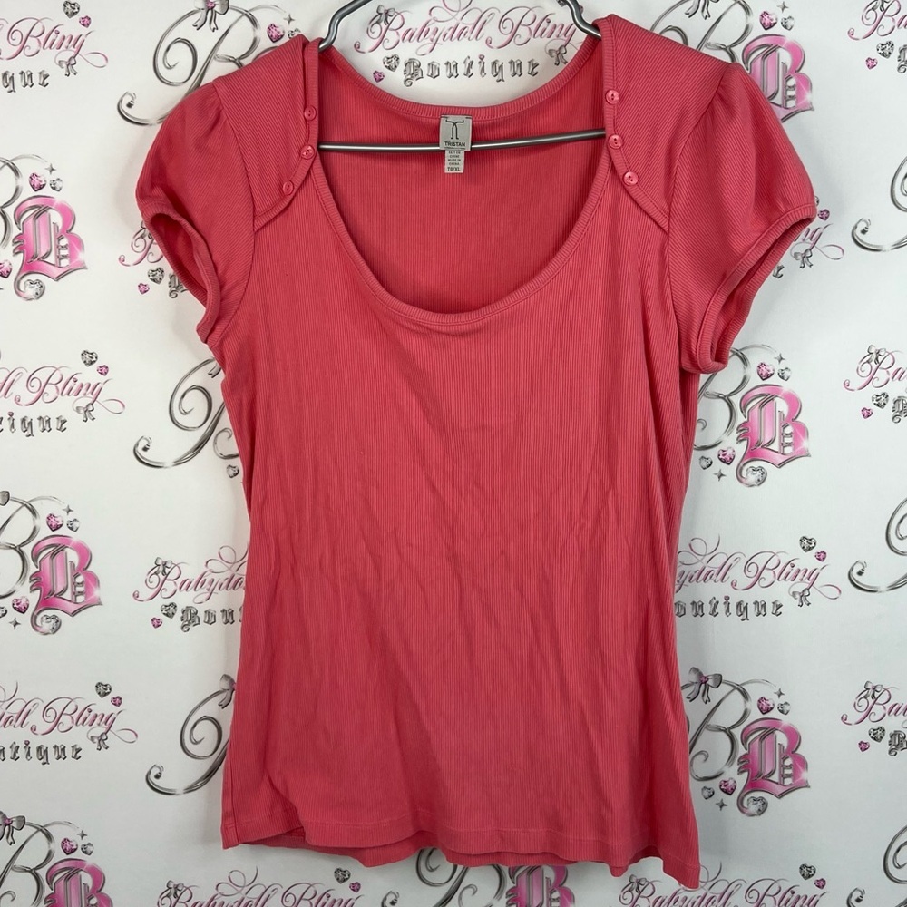 Tristan tshirt buttons puff sleeve shoulders pink Coral Short Sleeve Top